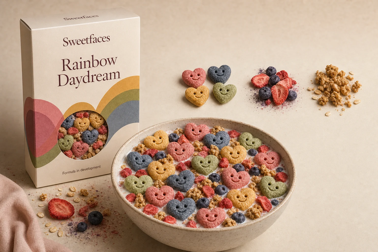 Sweetfaces Rainbow Daydream cereal concept with its working bowl and package