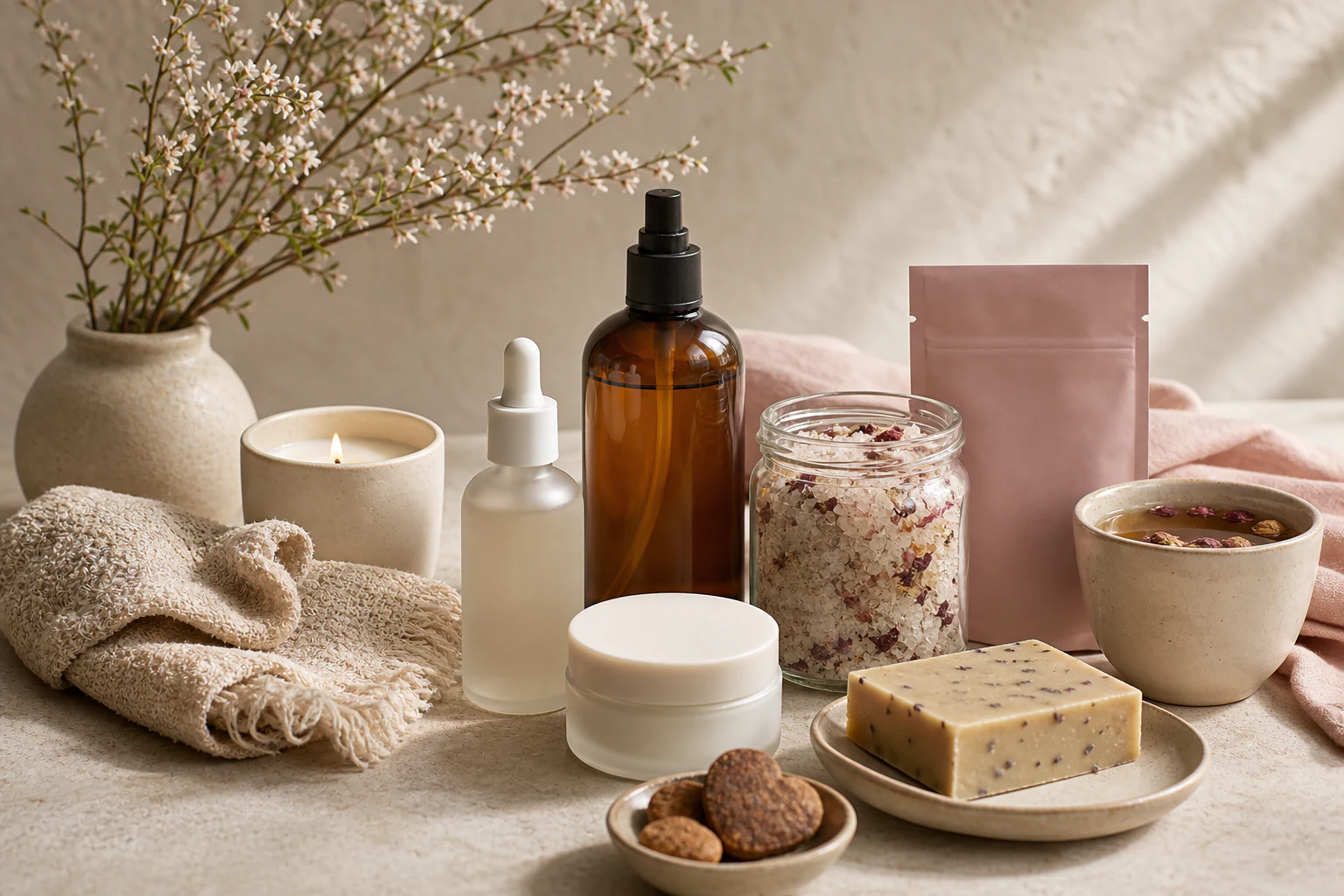 A warm studio still life of skincare, body care, bath, home ritual, herbal wellness, and a small nourishment concept